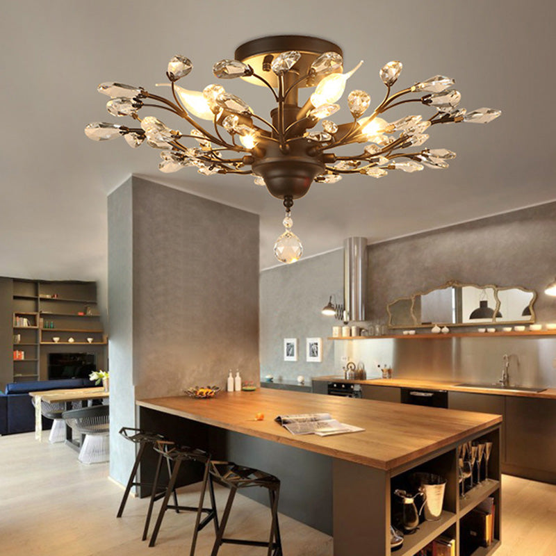 European Style Iron and Crystal Semi-Flush Mount Ceiling Light - 4/5/6 Lights for Living Room