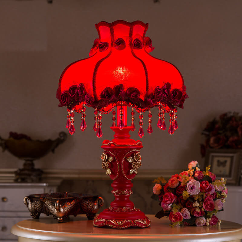 Red Fabric Tassel Table Lamp - European Design, 1-Light