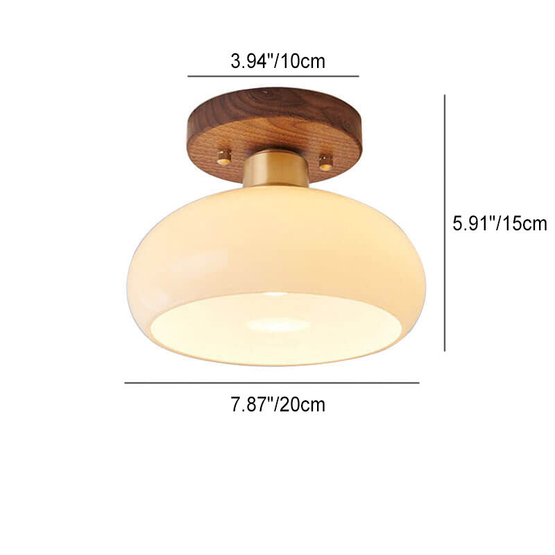 Vintage Walnut Brass Round Semi-Flush Mount Ceiling Light