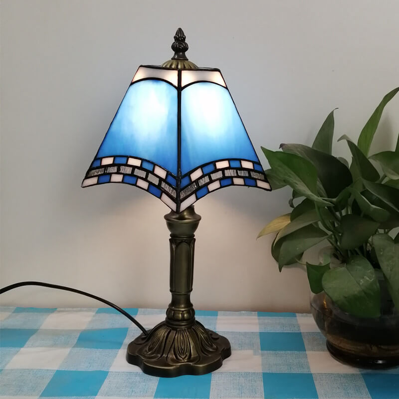 Vintage European Tiffany Square Stained Glass Table Lamp - 1 Light