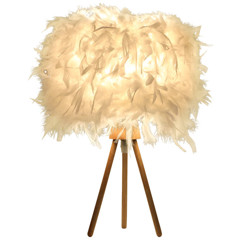 Art Deco Feather Wood Cylinder Table Lamp - 1-Light Design for Bedside