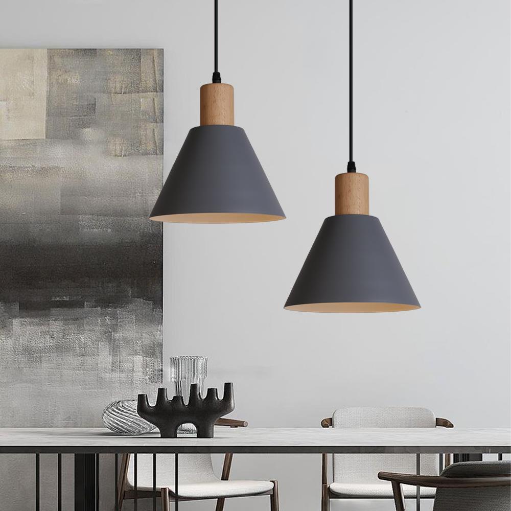 Nordic Vintage Iron Cone Pendant Light with Wood Top