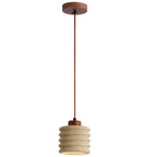 Premium Yellow Travertine Cylinder Pendant Light with Wooden Accents