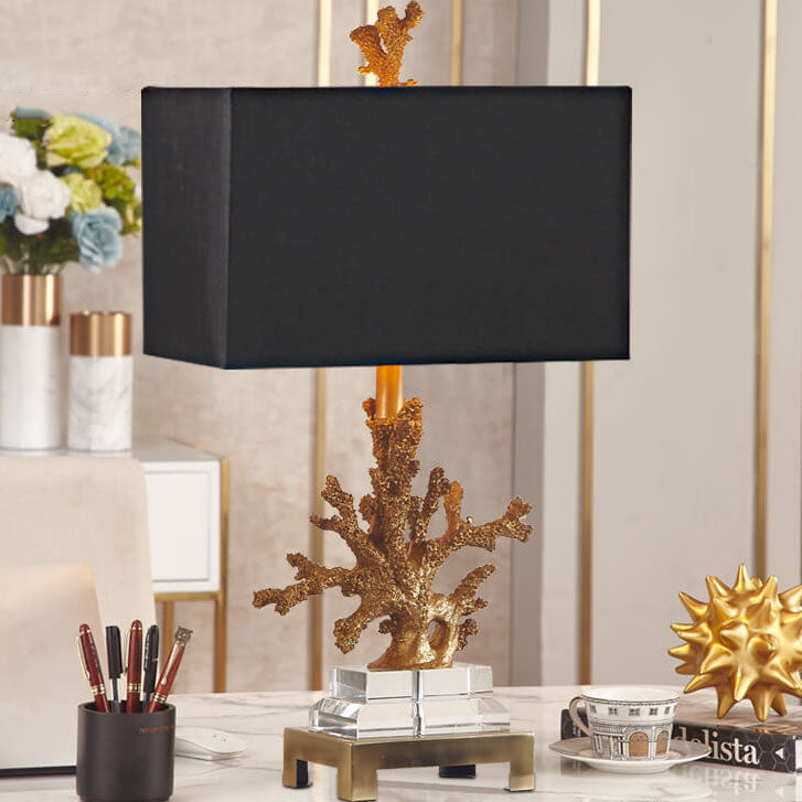 Art Deco Linen and Resin Table Lamp with Coral Base - 1-Light Design for Bedroom