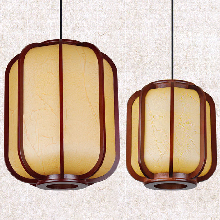 Contemporary Wooden Lantern Pendant Light with Faux Sheepskin - 1-Light