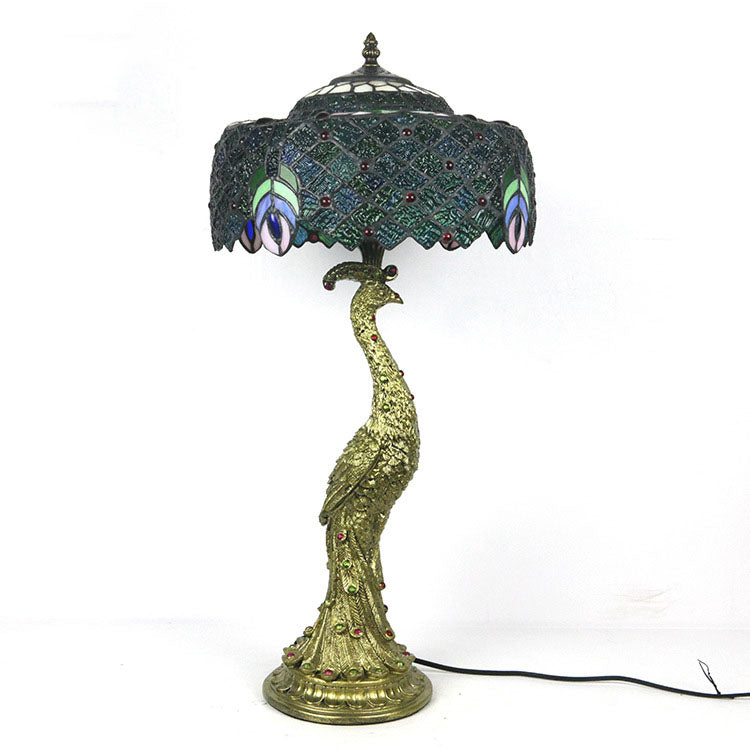 Vintage Tiffany Peacock Glass Dome Table Lamp - 1-Light