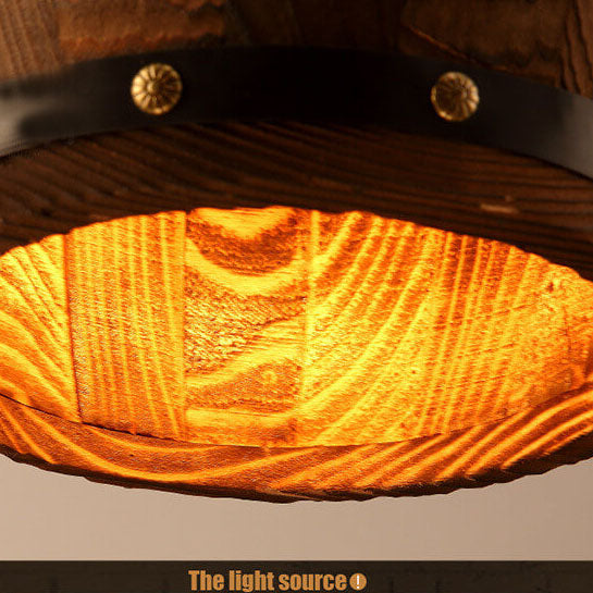 Rustic Round Wooden Wine Barrel Pendant Light