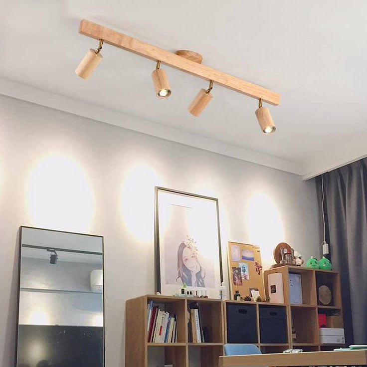 Japanese Minimalist LED Semi-Flush Mount Wooden Track Lighting - 2/3/4/5 Light Options