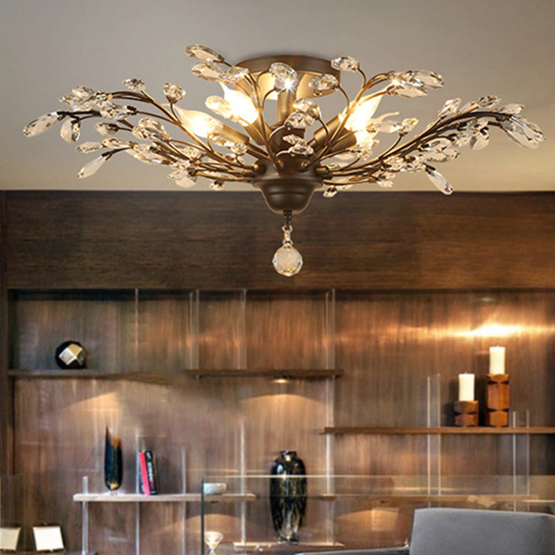European Style Iron and Crystal Semi-Flush Mount Ceiling Light - 4/5/6 Lights for Living Room