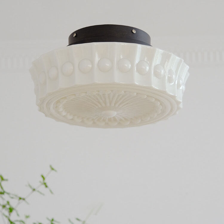 Vintage White Jade Glass Round Drum LED Ceiling Light