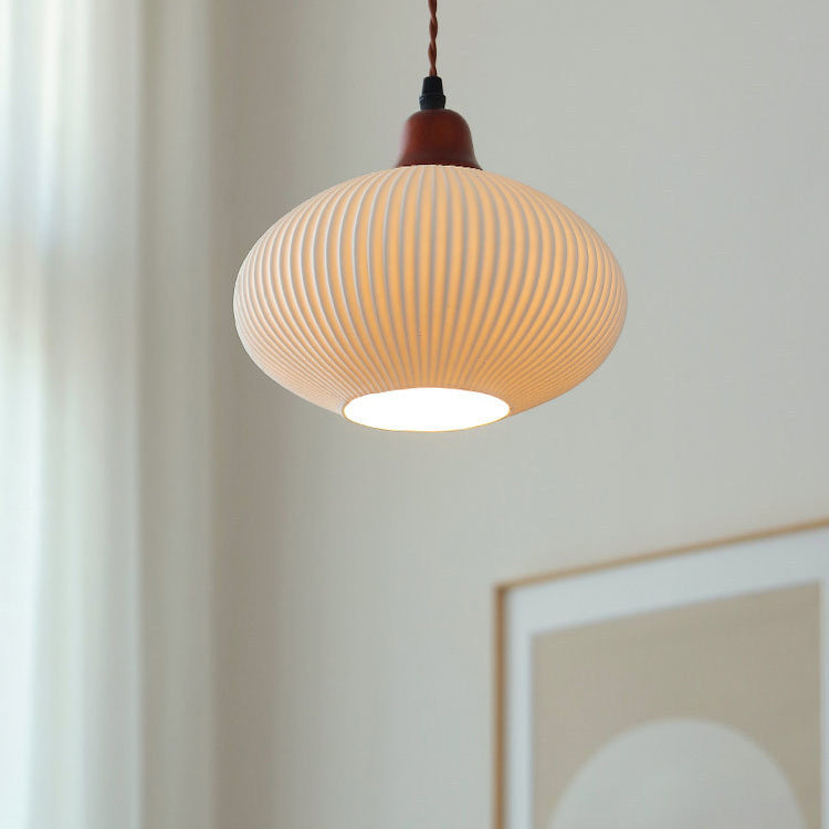 Vintage Japanese Ceramic Dome Pendant Light with Wood
