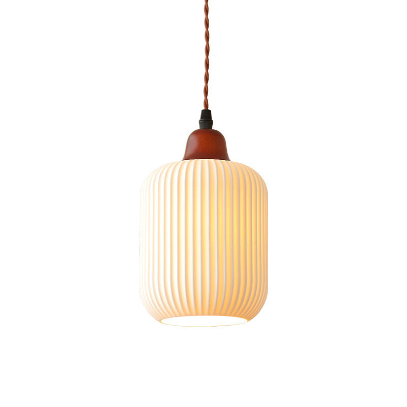 Vintage Japanese Ceramic Dome Pendant Light with Wood