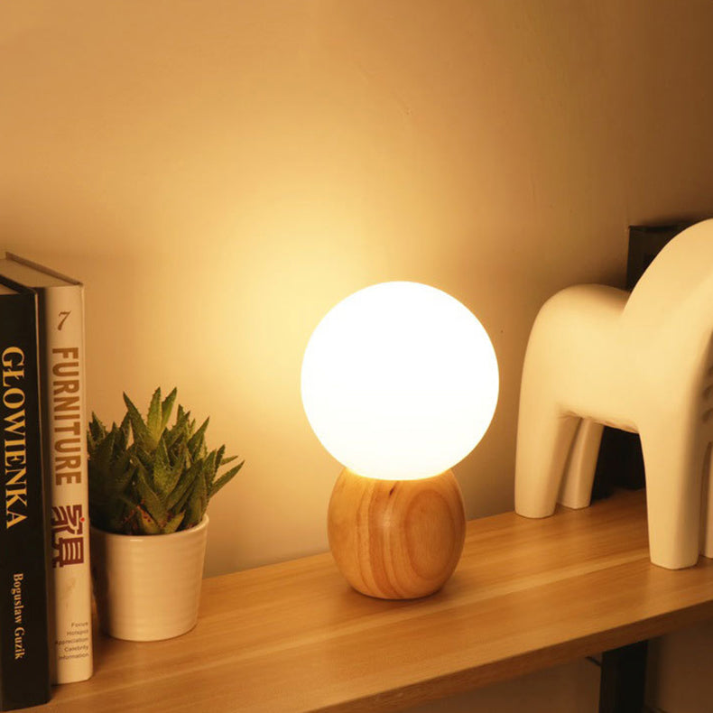 Scandinavian Orb Glass Table Lamp with Wood Base - 1-Light Design for Bedroom