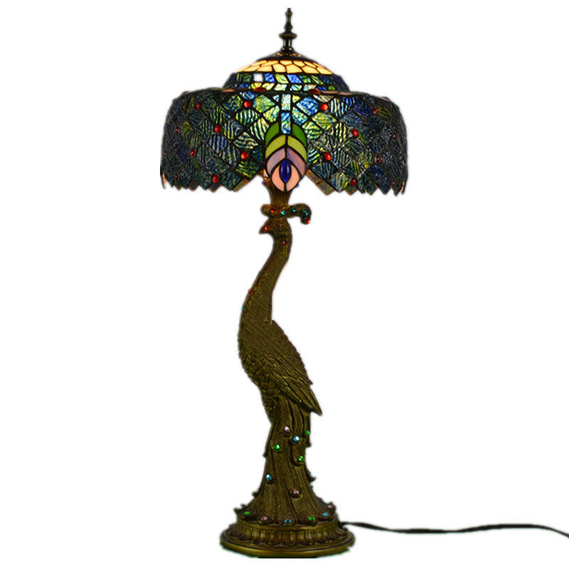 Vintage Tiffany Peacock Glass Dome Table Lamp - 1-Light