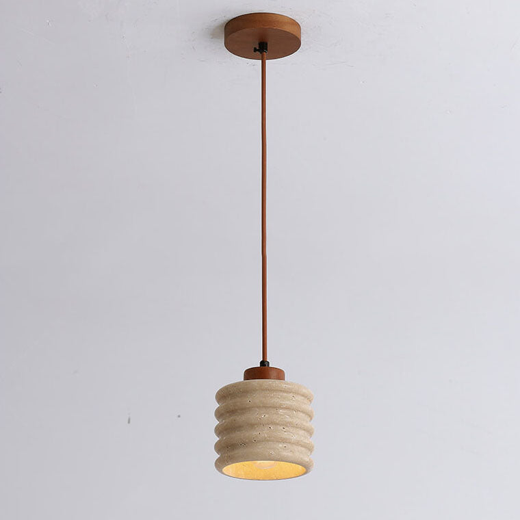 Premium Yellow Travertine Cylinder Pendant Light with Wooden Accents