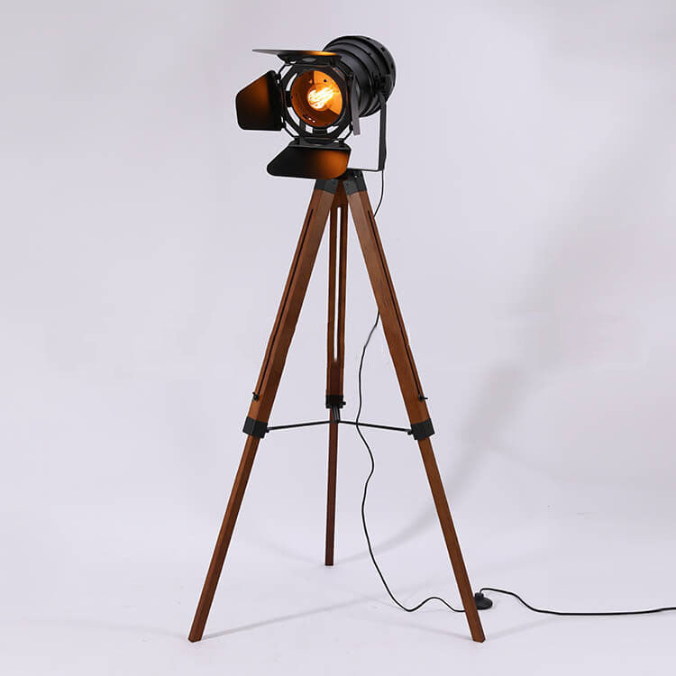 Vintage Industrial Solid Wood & Iron Tripod Floor Lamp