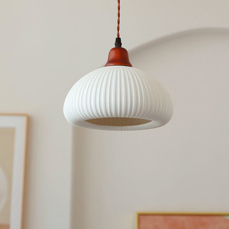 Vintage Japanese Ceramic Dome Pendant Light with Wood