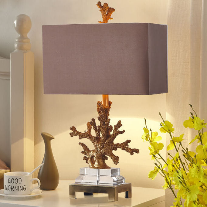 Art Deco Linen and Resin Table Lamp with Coral Base - 1-Light Design for Bedroom