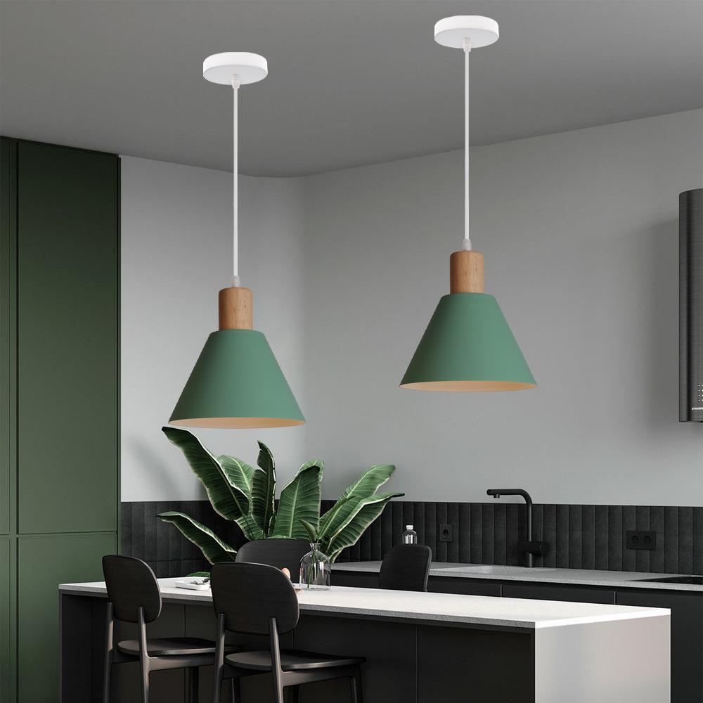 Nordic Vintage Iron Cone Pendant Light with Wood Top