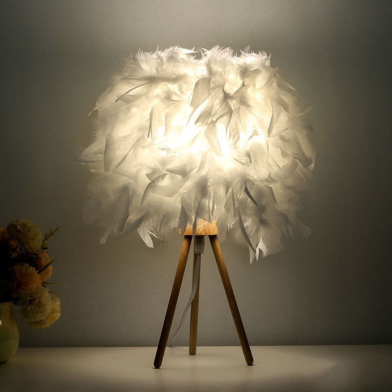 Art Deco Feather Wood Cylinder Table Lamp - 1-Light Design for Bedside