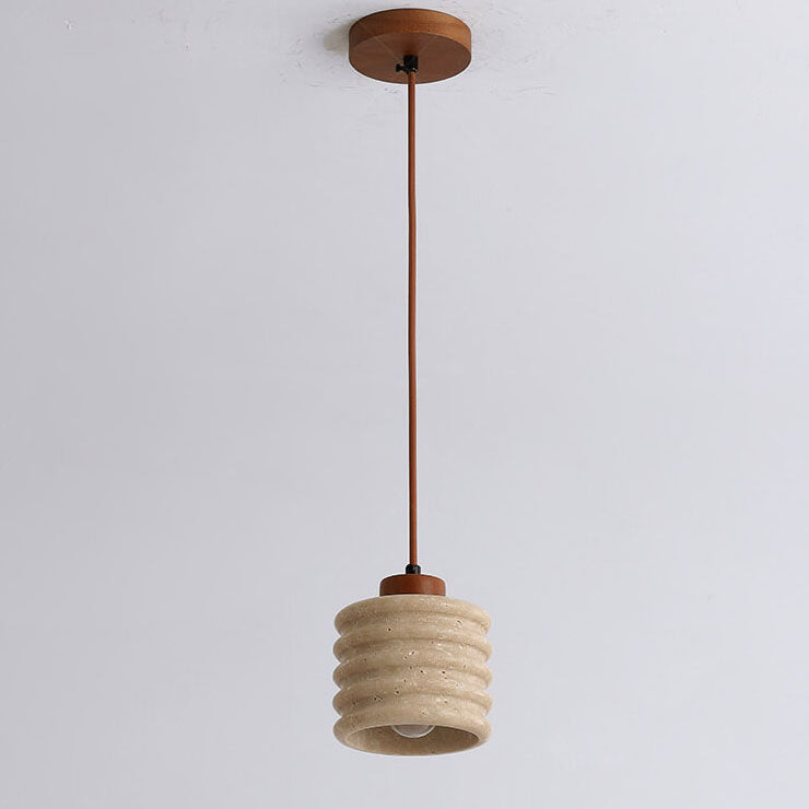 Premium Yellow Travertine Cylinder Pendant Light with Wooden Accents