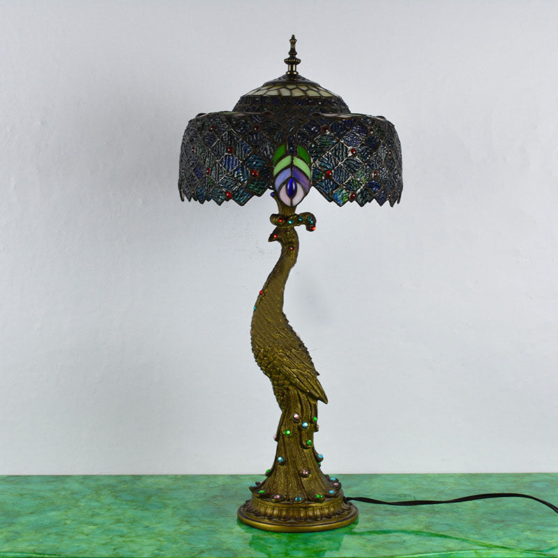 Vintage Tiffany Peacock Glass Dome Table Lamp - 1-Light