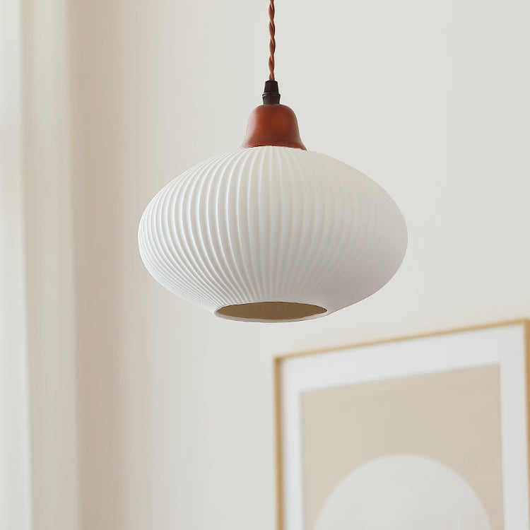 Vintage Japanese Ceramic Dome Pendant Light with Wood