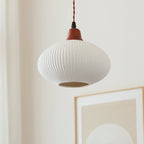 Vintage Japanese Ceramic Dome Pendant Light with Wood