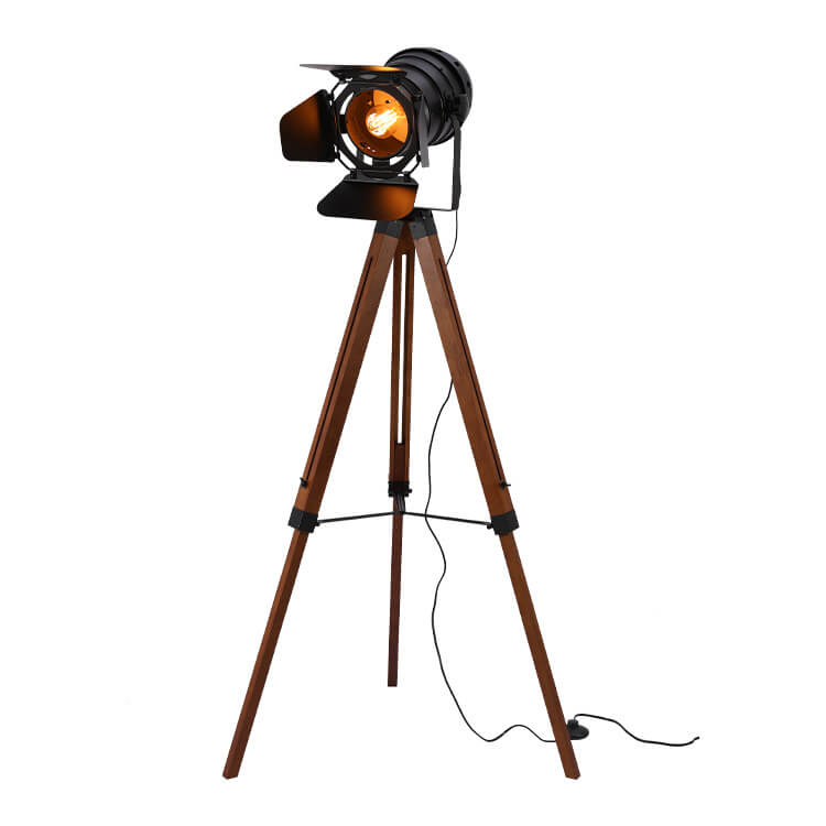 Vintage Industrial Solid Wood & Iron Tripod Floor Lamp