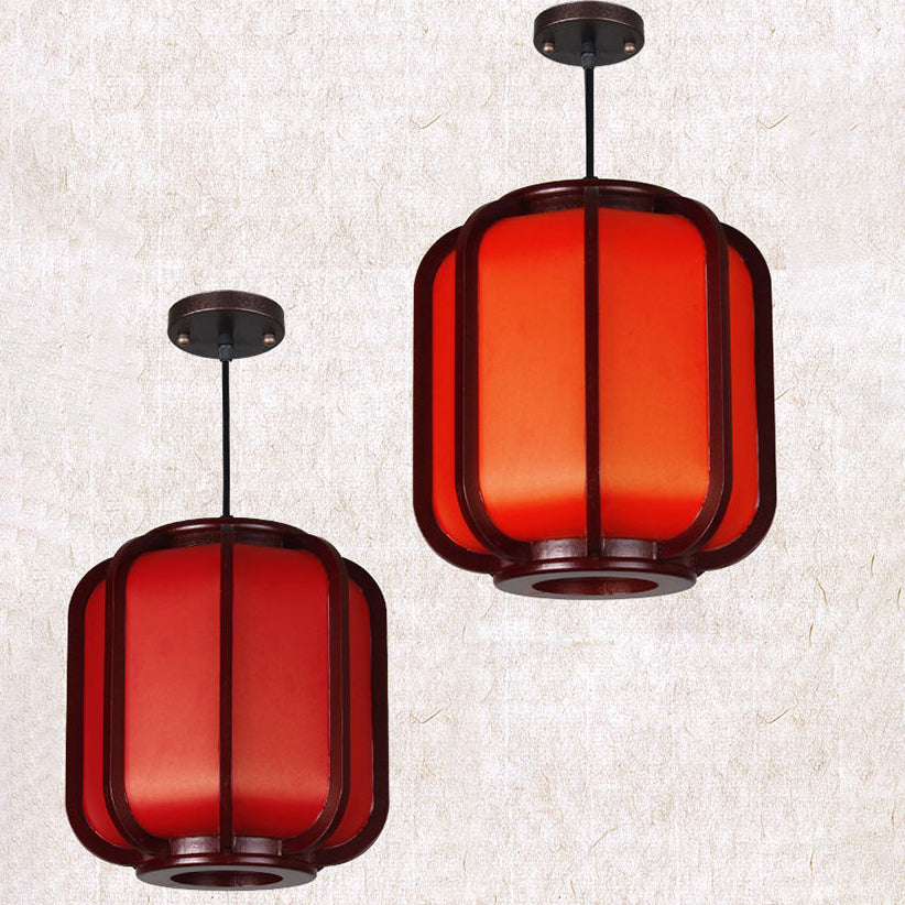 Contemporary Wooden Lantern Pendant Light with Faux Sheepskin - 1-Light