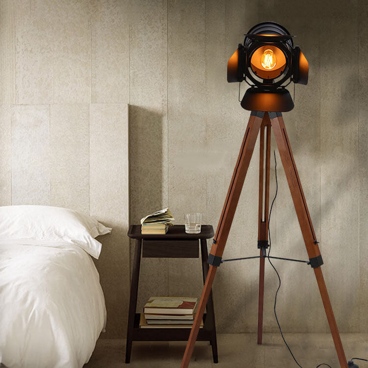 Vintage Industrial Solid Wood & Iron Tripod Floor Lamp