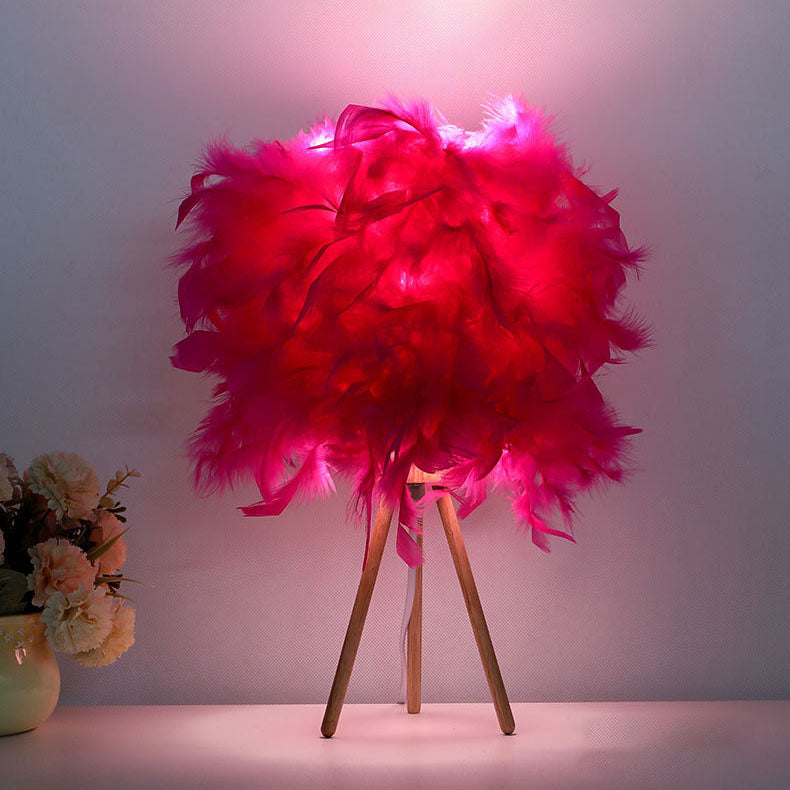 Art Deco Feather Wood Cylinder Table Lamp - 1-Light Design for Bedside