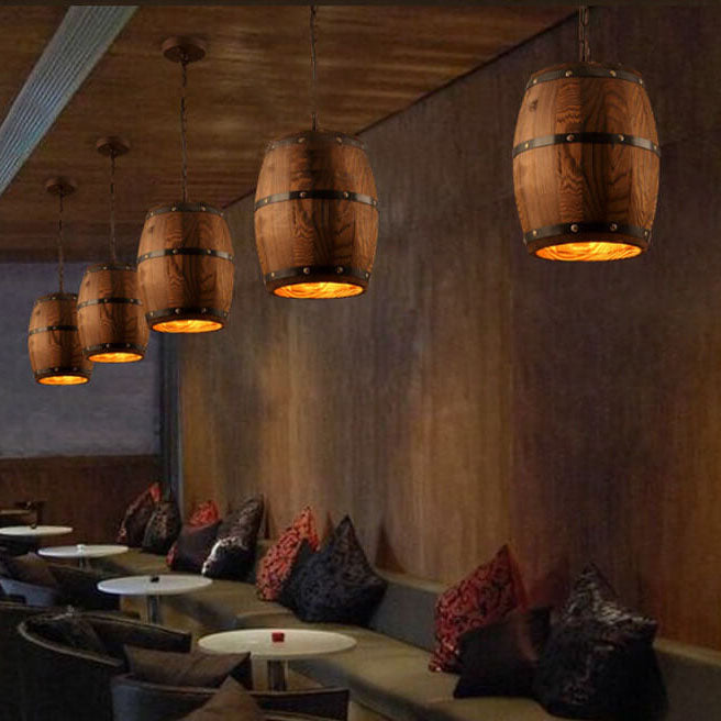 Rustic Round Wooden Wine Barrel Pendant Light
