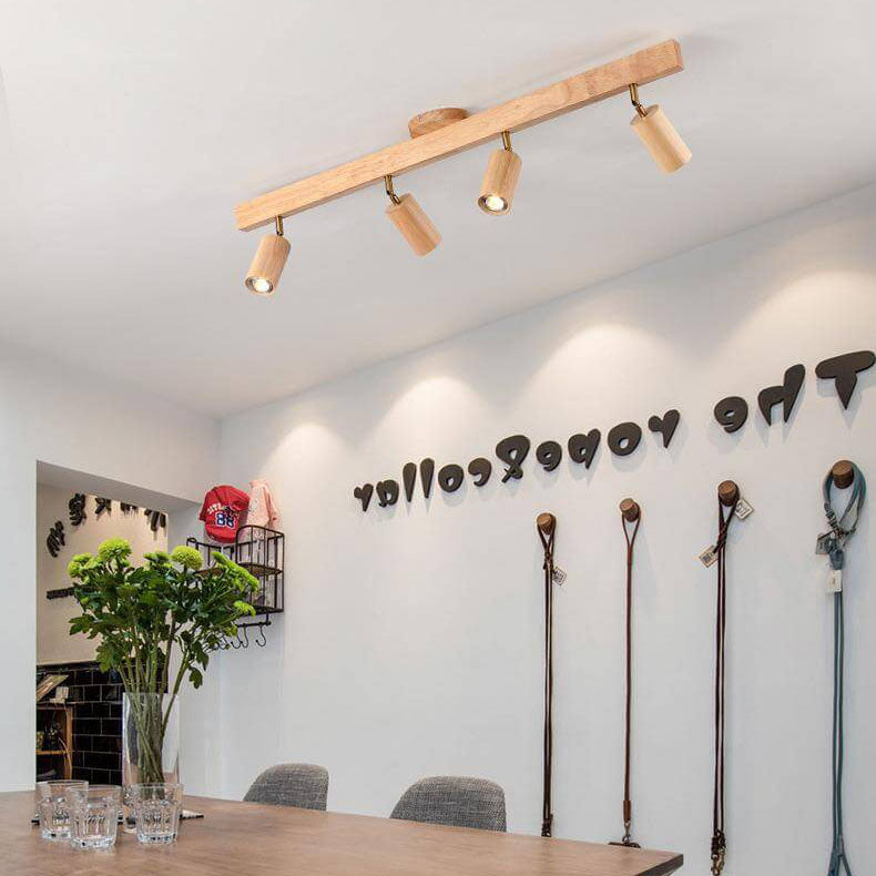 Japanese Minimalist LED Semi-Flush Mount Wooden Track Lighting - 2/3/4/5 Light Options