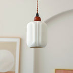 Vintage Japanese Ceramic Dome Pendant Light with Wood