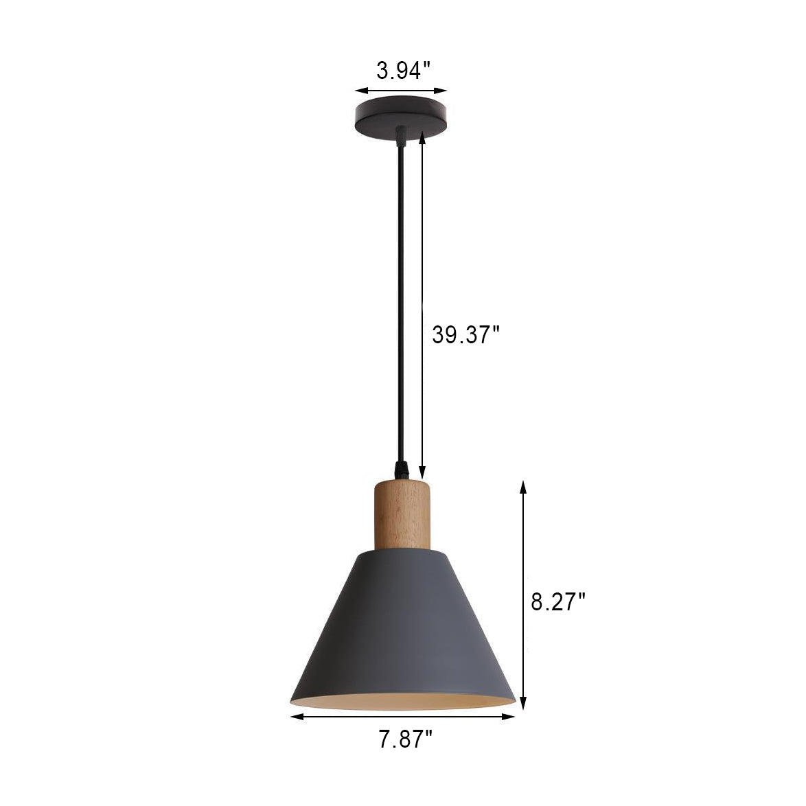 Nordic Vintage Iron Cone Pendant Light with Wood Top