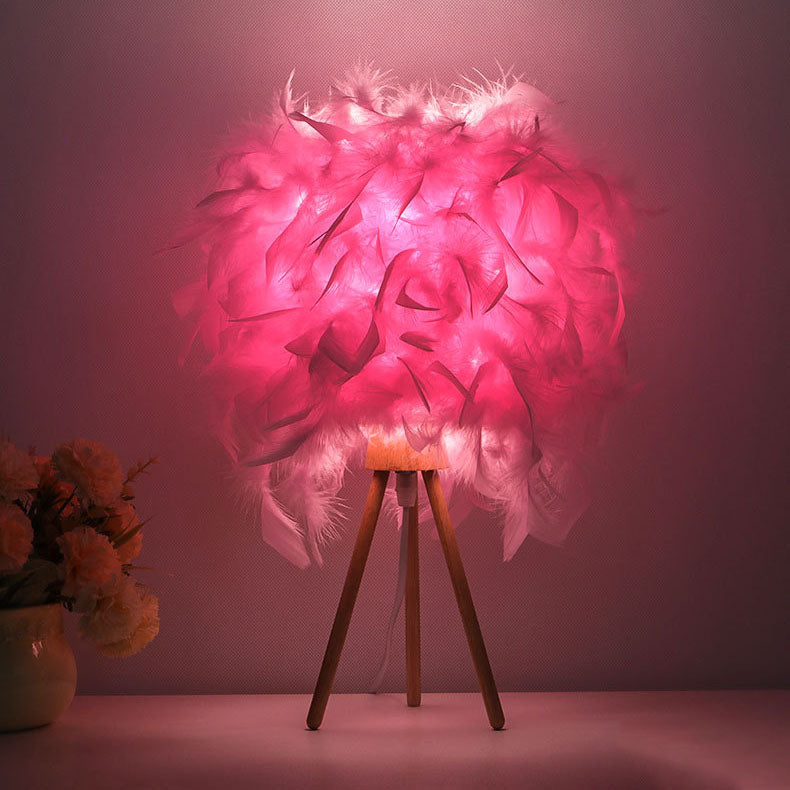 Art Deco Feather Wood Cylinder Table Lamp - 1-Light Design for Bedside