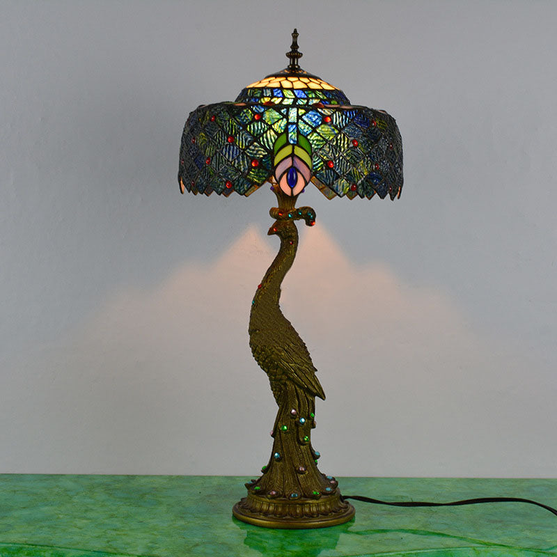 Vintage Tiffany Peacock Glass Dome Table Lamp - 1-Light