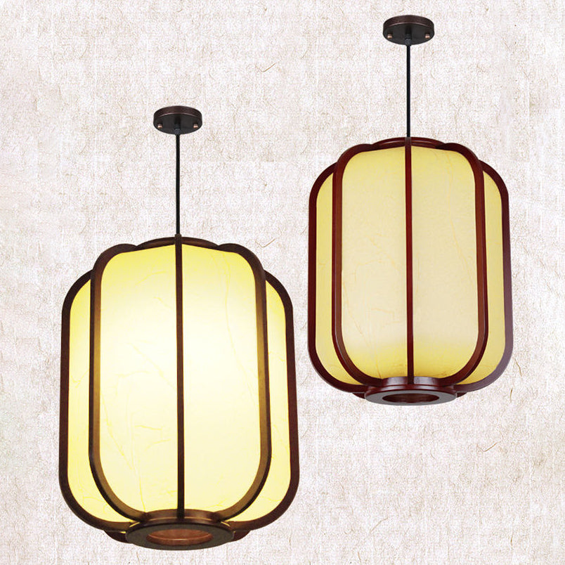 Contemporary Wooden Lantern Pendant Light with Faux Sheepskin - 1-Light