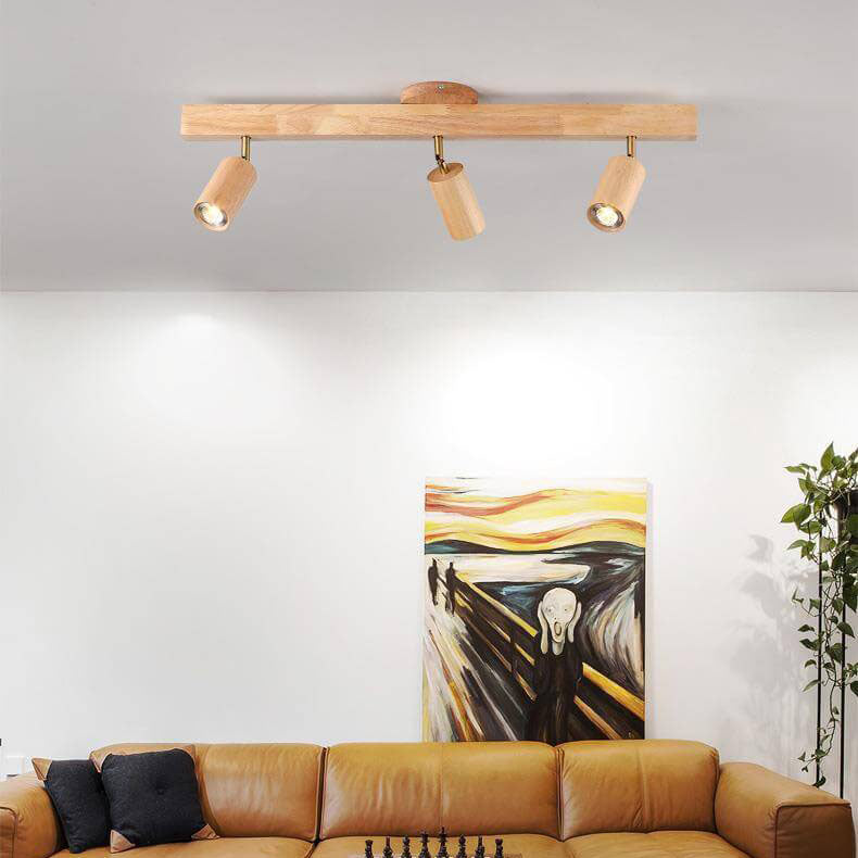 Japanese Minimalist LED Semi-Flush Mount Wooden Track Lighting - 2/3/4/5 Light Options
