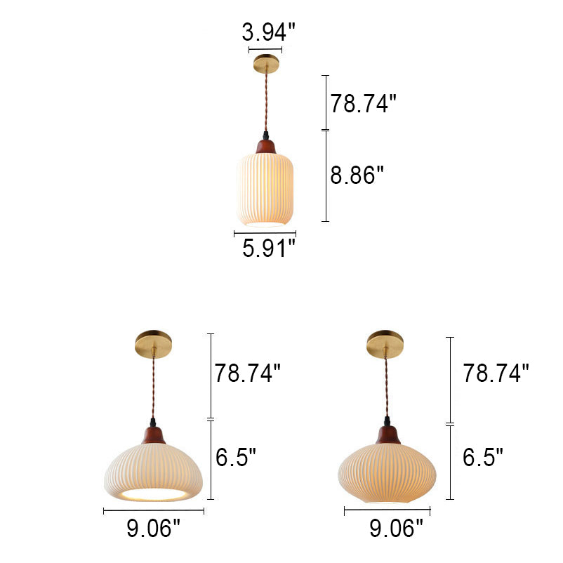 Vintage Japanese Ceramic Dome Pendant Light with Wood