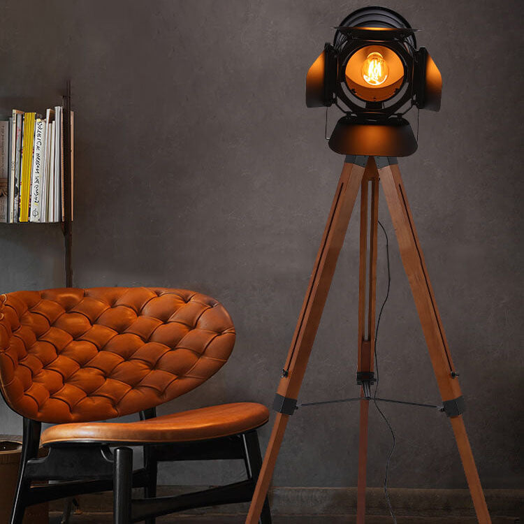 Vintage Industrial Solid Wood & Iron Tripod Floor Lamp