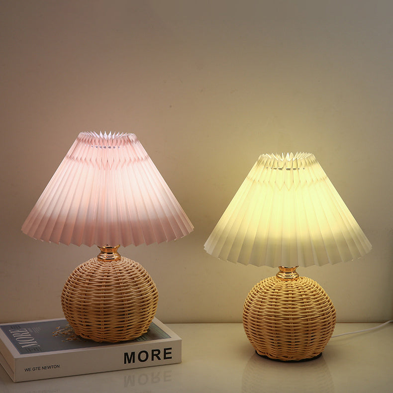 Nordic Rattan Pleated LED Table Lamp for Bedroom