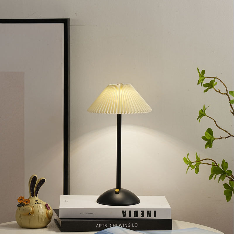 Scandinavian Rechargeable Conic Pleated Table Lamp - 1-Light Bedside Design