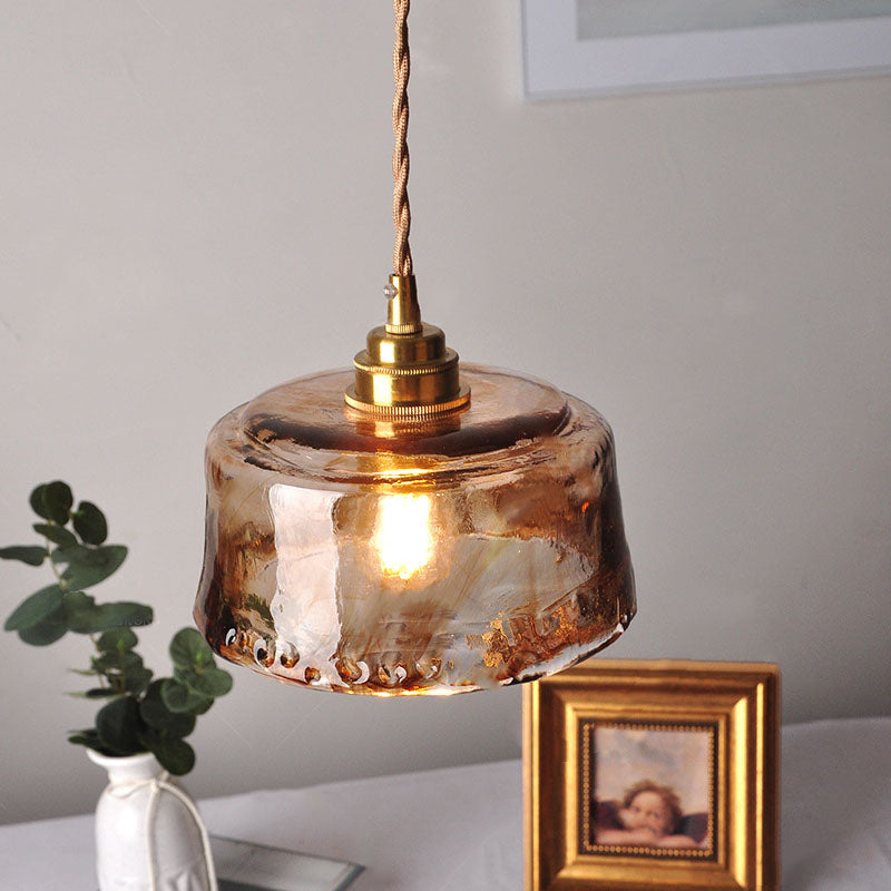 Amber Glass Brass Pendant Light - Vintage Round 1-Light Design