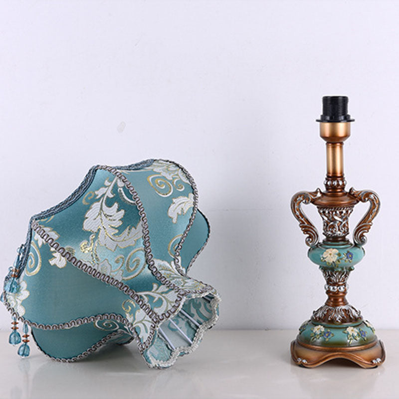 European Blue Fabric Tassel Table Lamp - 1-Light Design for Bedroom