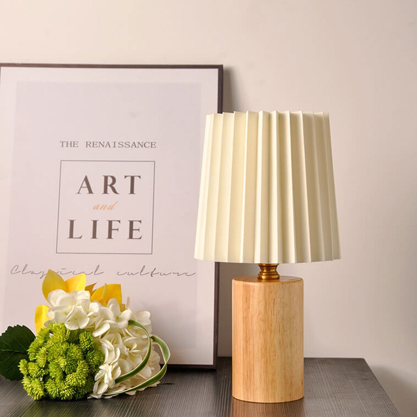 Vintage Korean Solid Wood Base Pleated Column Table Lamp - 1 Light
