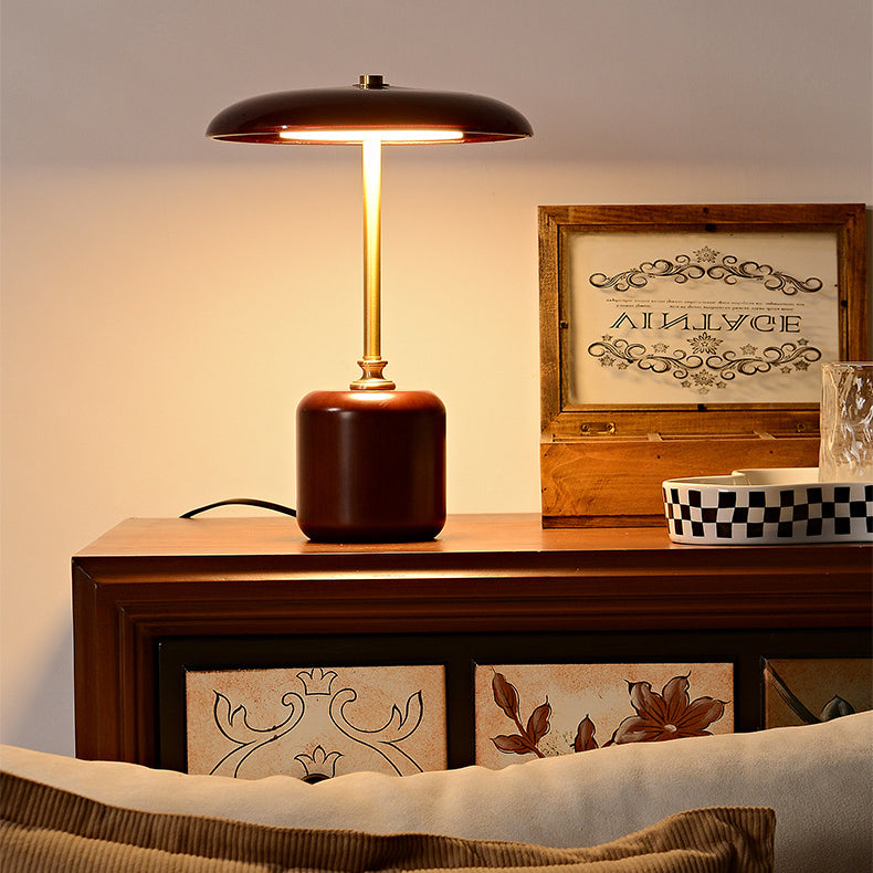 Modern Retro Brass and Wood Round LED Table Lamp