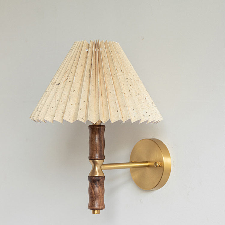 Vintage Japanese Walnut Pleated Wall Sconce Lamp