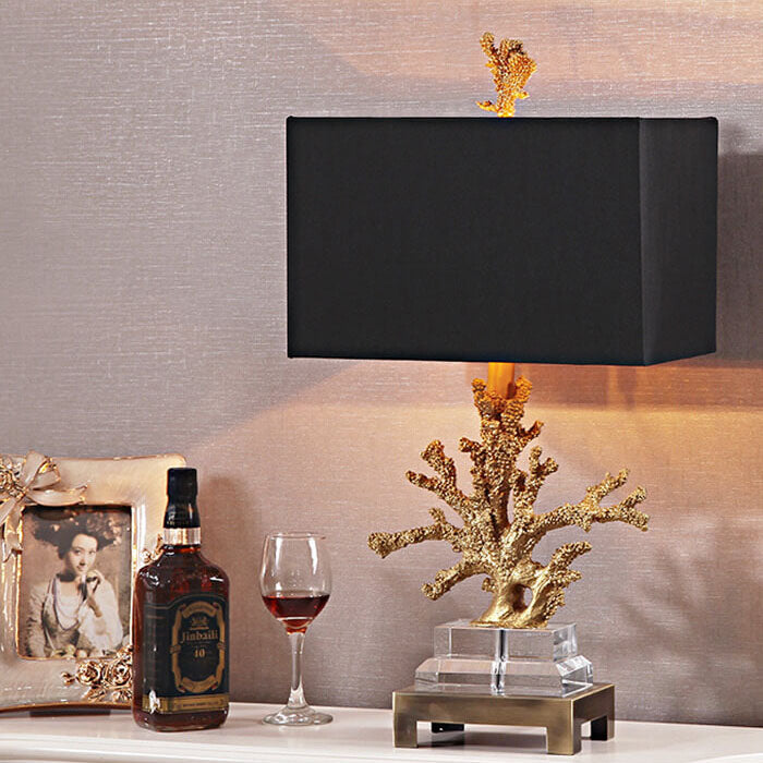 Art Deco Linen and Resin Table Lamp with Coral Base - 1-Light Design for Bedroom
